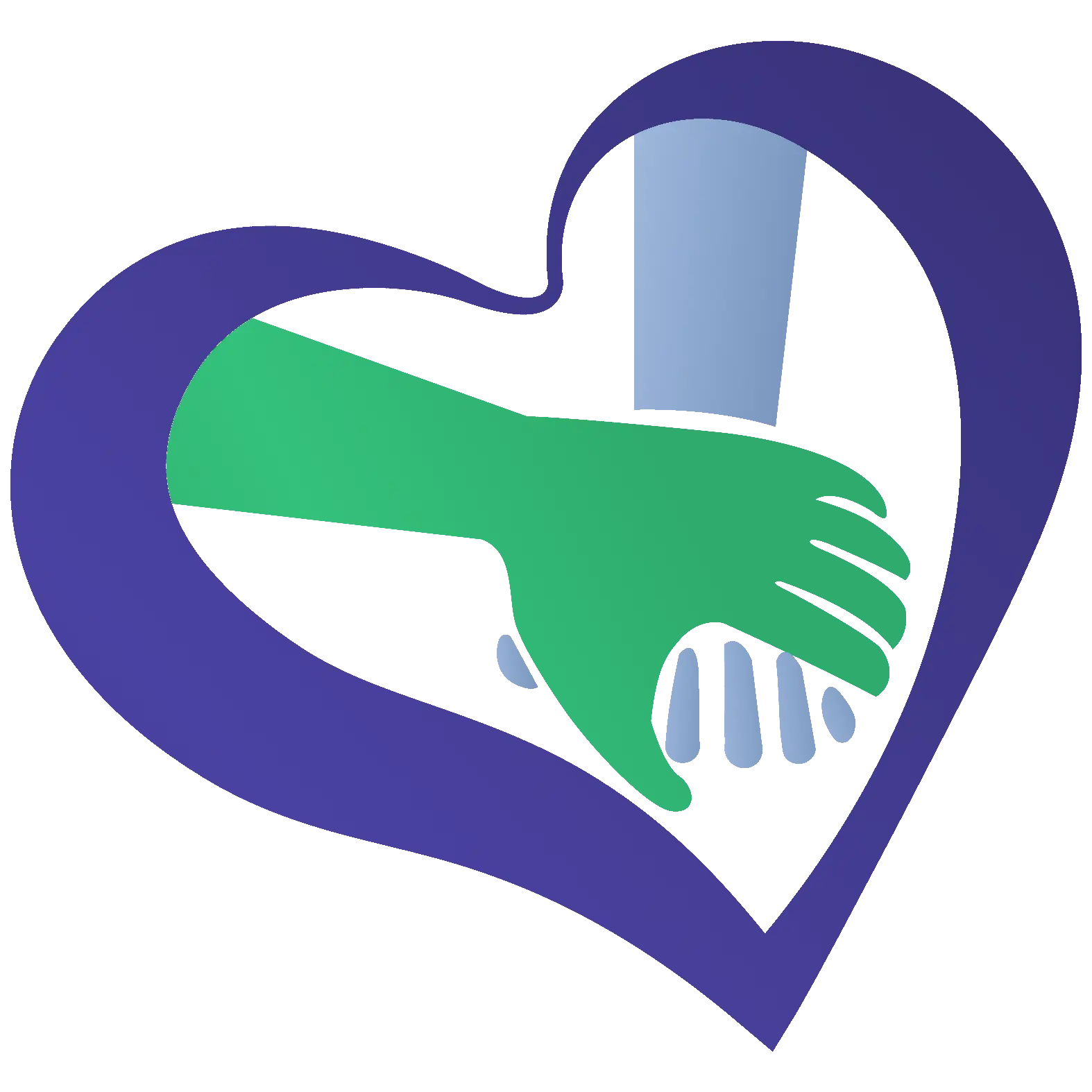 A green and a blue hand interlocking within a purple heart outline on a black background, conveying unity, support, and compassion.